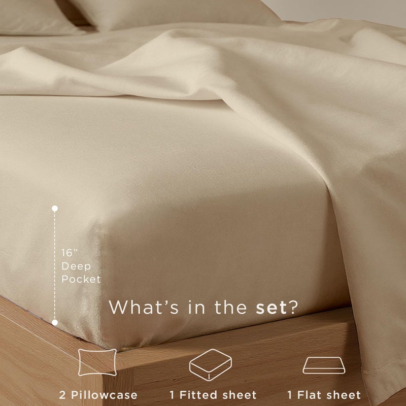 Threadmill 100% Cotton Sheets for King Size Bed | 4 Pc King Bed Sheets Set | Soft, Breathable Lightweight Solid Sateen for All-Season Use | Snug Fit Elastic Deep Pocket King Sheets | Beige - Image 3